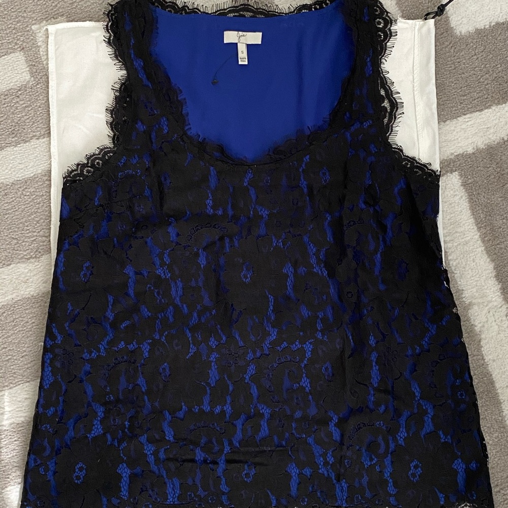 Blue Blouse with Black Lace Layer Appliqué